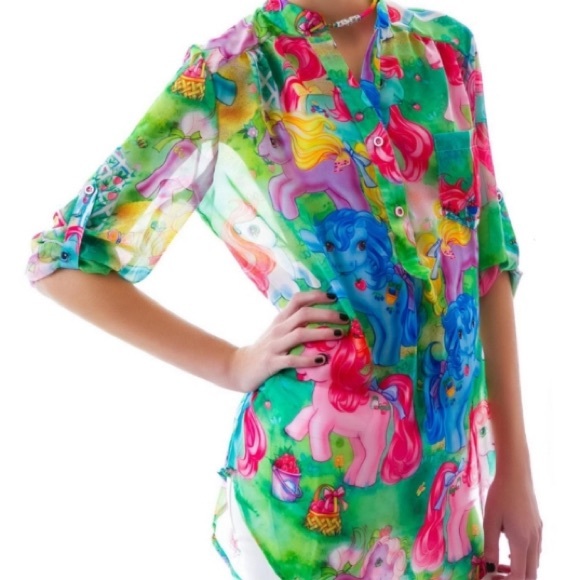Iron Fist My Little Pony MLP Button up SHEER LONG SLEEVE BLOUSE Top colorful SM - Picture 4 of 9